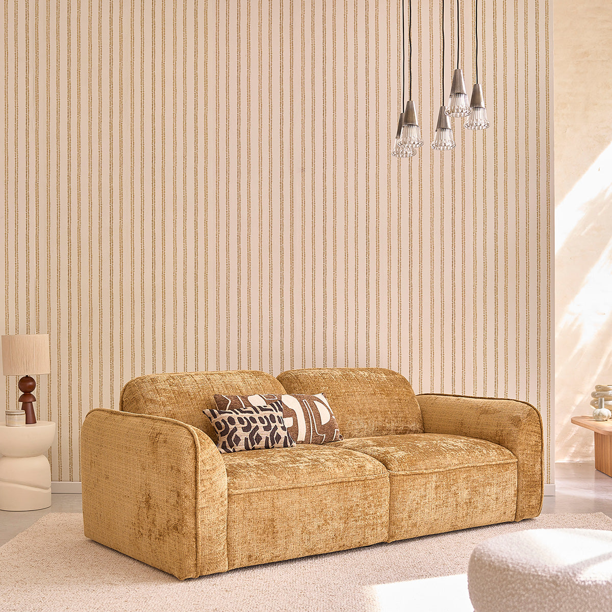 HECTOR - Canapé droit 3 places en velours texturé ocre