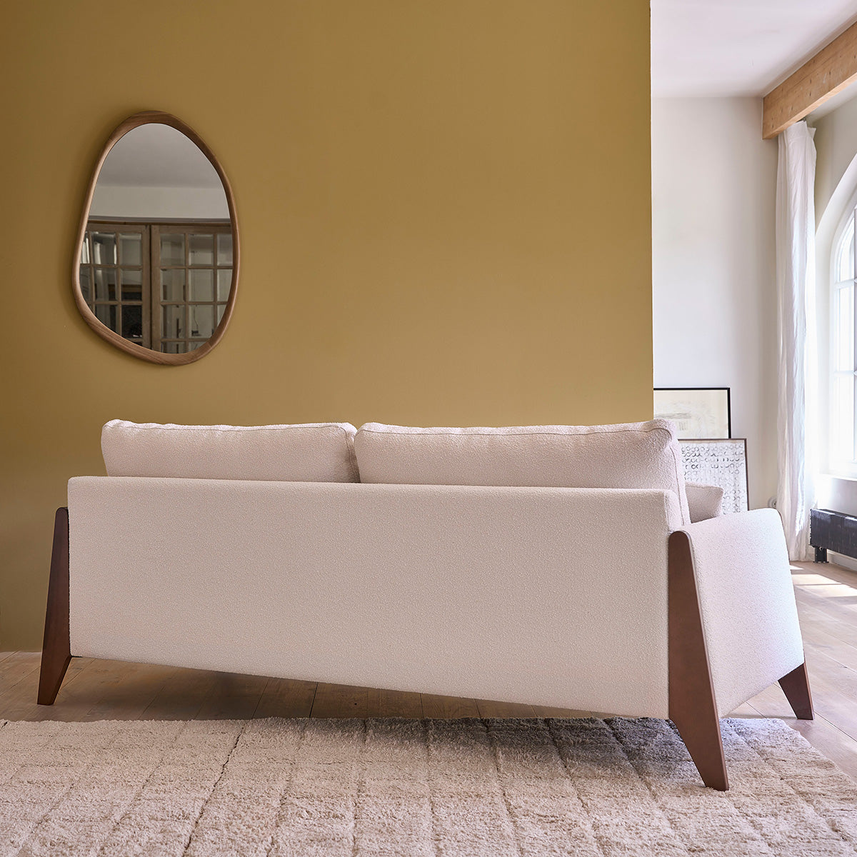 ONDINE - Canapé droit 3 places en bois massif et tissu bouclette blanc