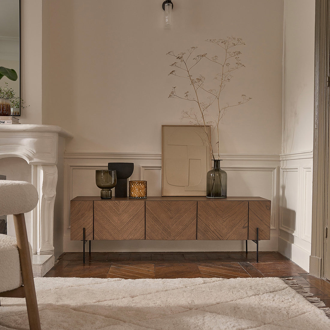 CALIX - Meuble TV en mindi massif et métal finition noyer 160 cm