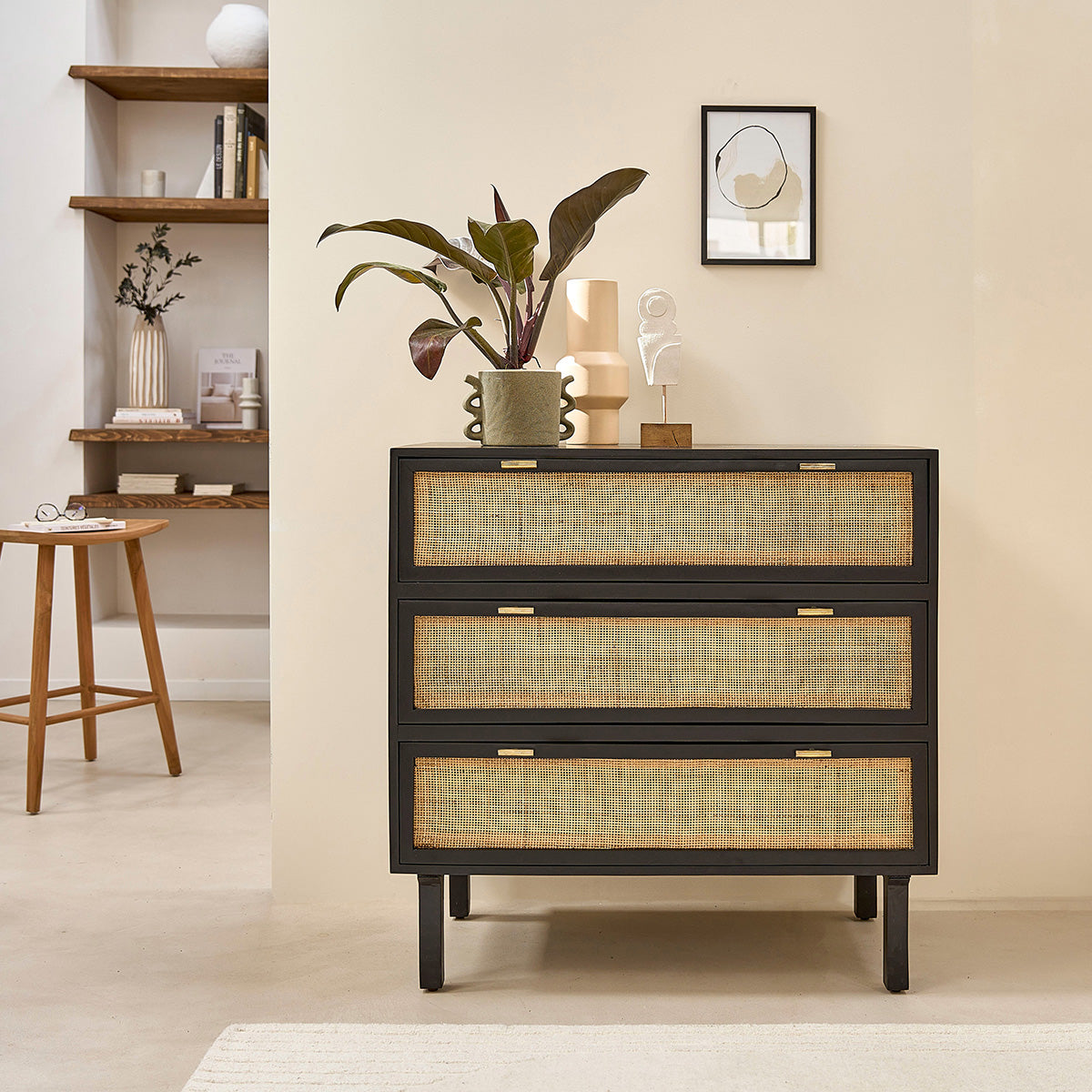 BLAISE - Cassettiera in mango massello e midollino nero 90 cm