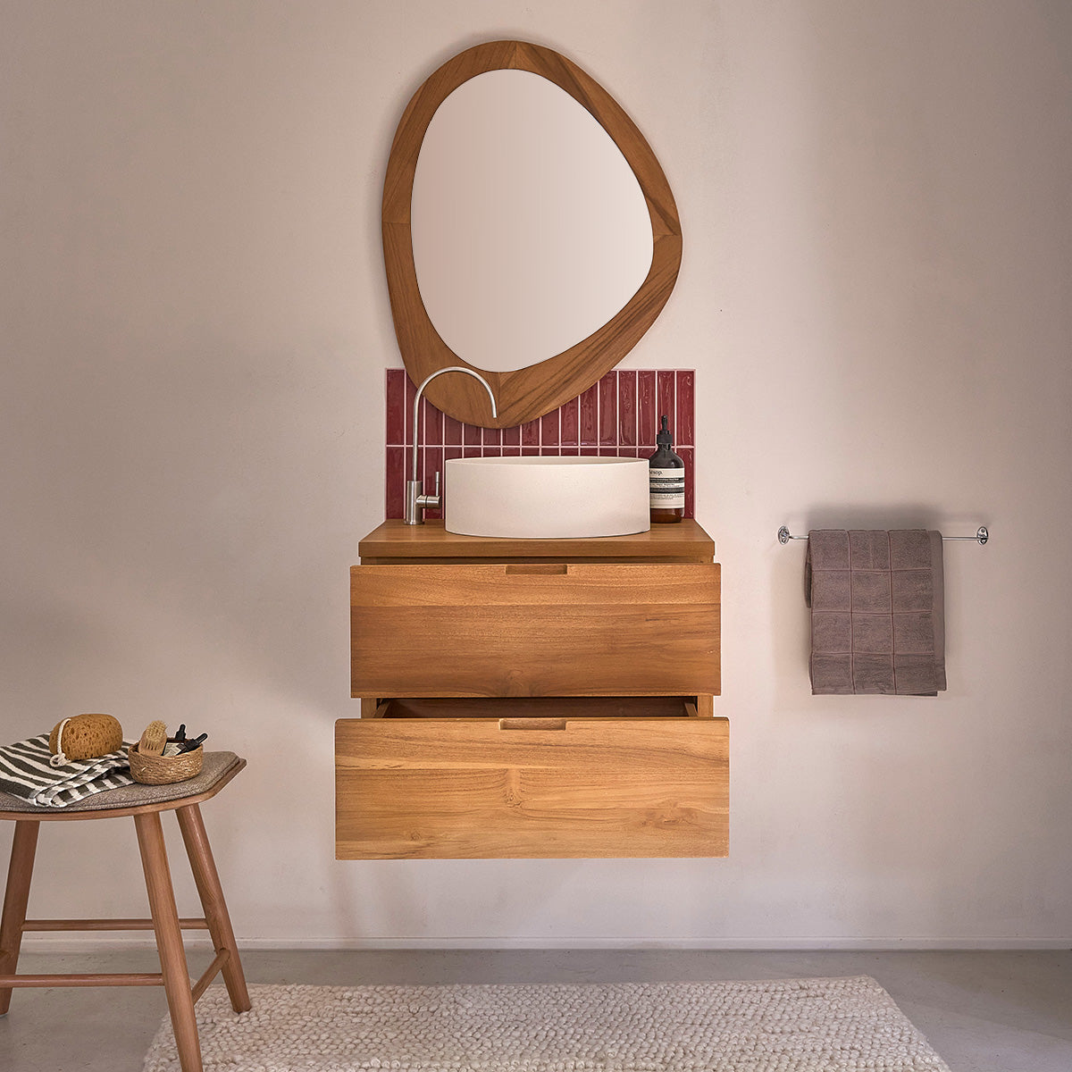 MAË - Waschtischunterschrank aus massivem Teakholz, hängend, 60 cm