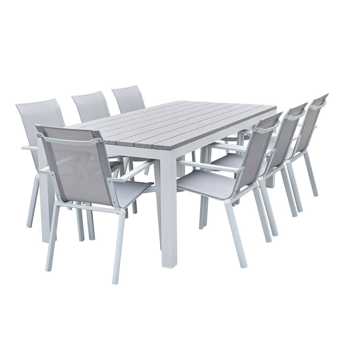 TAMPA - Salon de jardin aluminium blanc et textilène gris 8 pers.