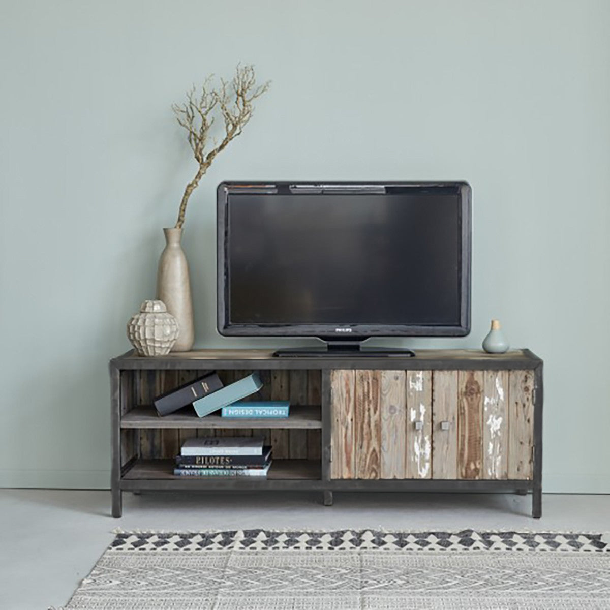 INDUS - Meuble TV en bois recyclé massif et métal 150 cm