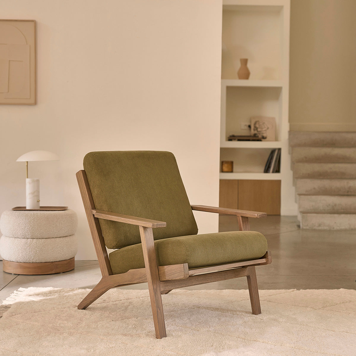 SERENE - Hocker aus massivem Teakholz und weißem Bouclé-Stoff Ø55 cm