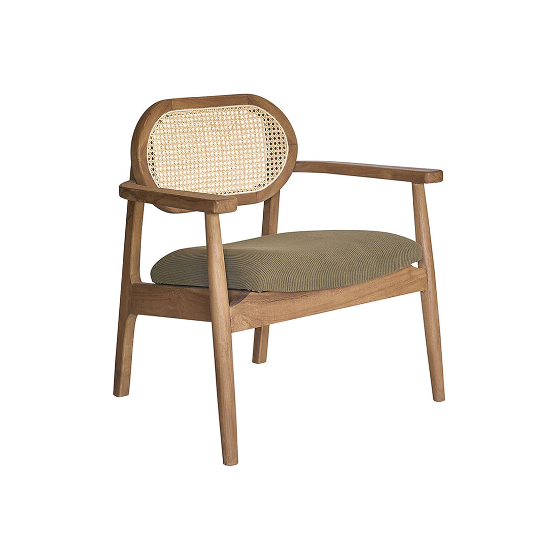 SABI - Poltrona in teak massello, cannage e tessuto di velluto a coste color kaki