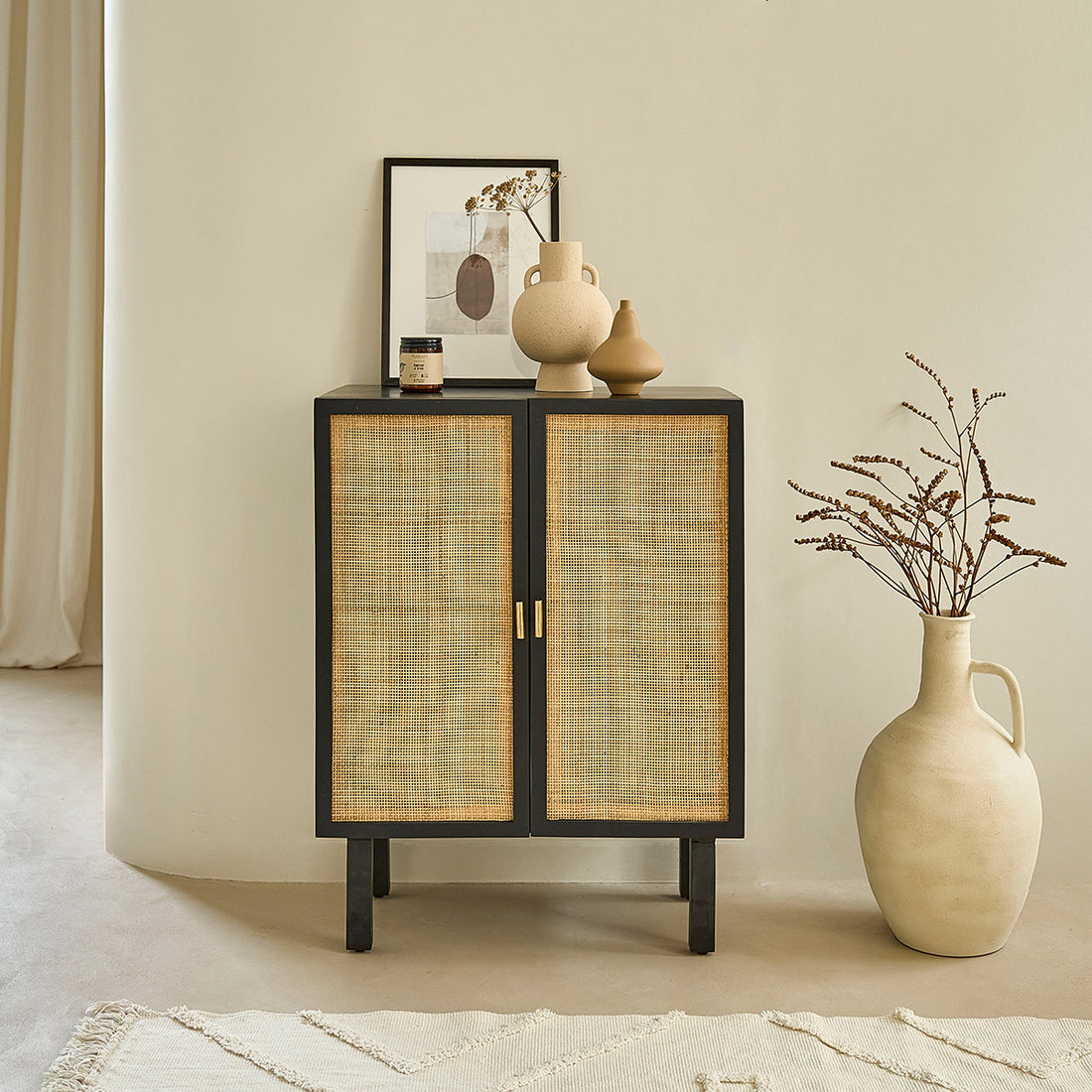 BLAISE - Buffet en manguier massif noir et cannage 68 cm