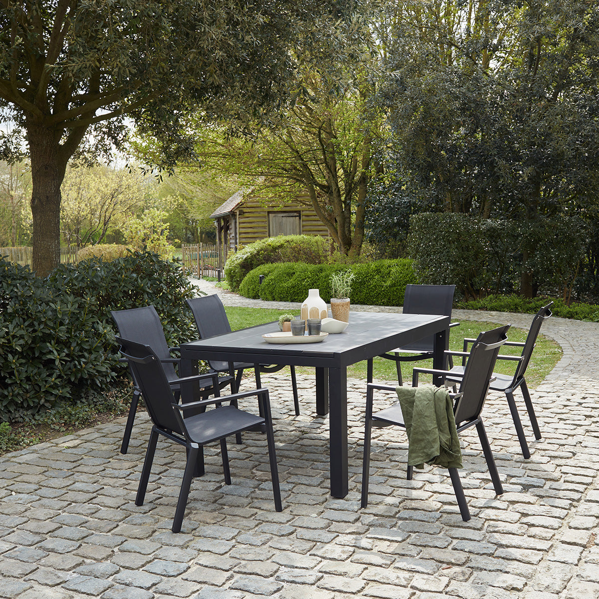 HPL STAR - Set di mobili da giardino in alluminio nero e textilene grigio 6/10 pers.