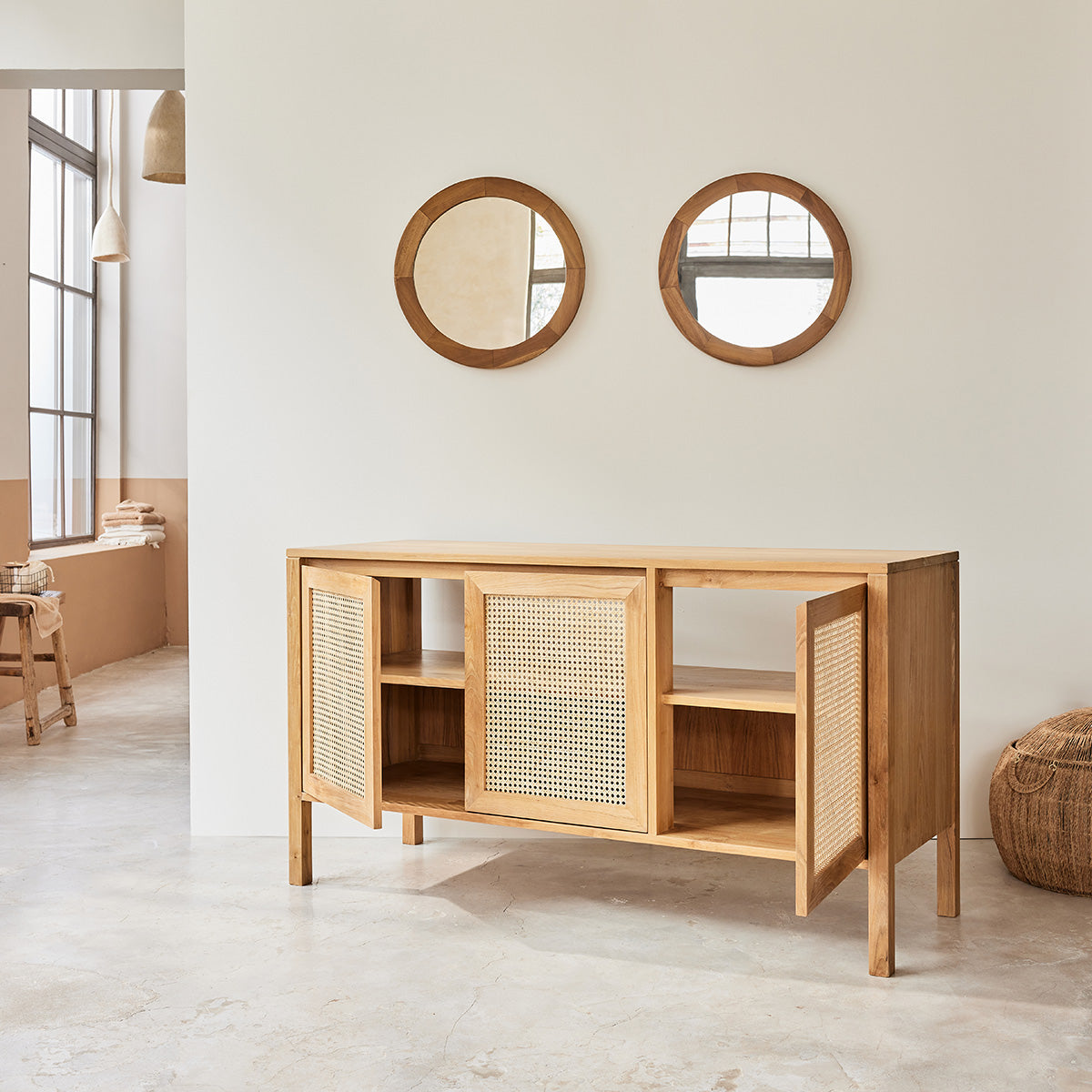 ELIOTT - Mobile per lavabo in teak massello e cannage 145 cm